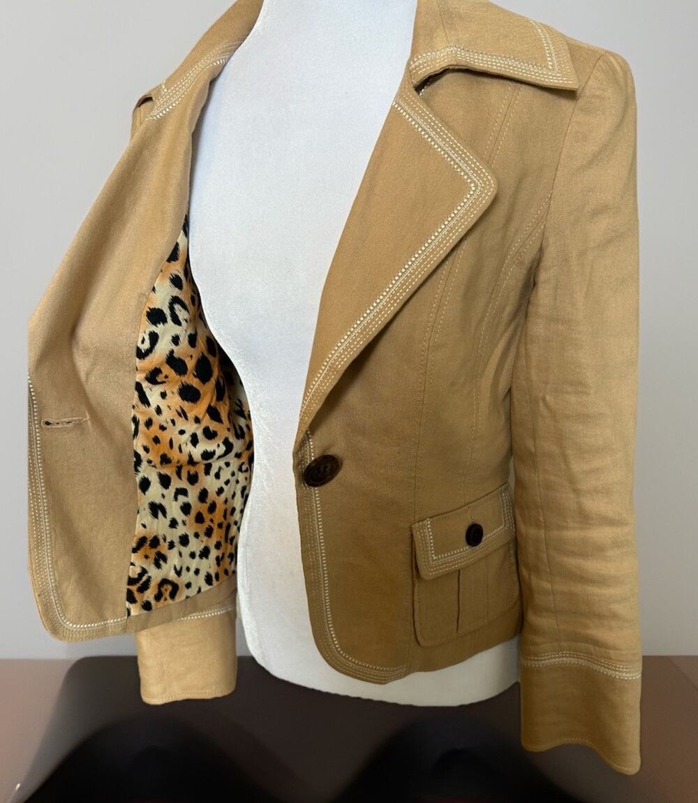 Y2K Bebe Linen Blazer S Animal Cheetah Lining Coquette Business Preppy Office